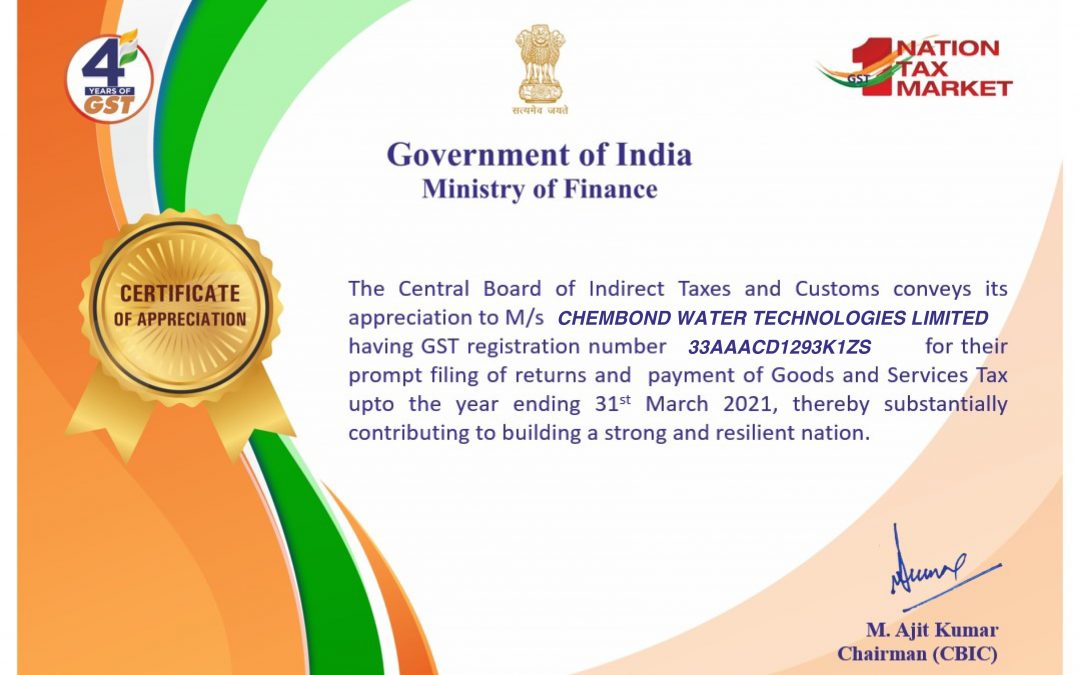 Government of India – Ministry of Finance appreciates Chembond Water Technologies Ltd. for their prompt filing of returns and payments of GST
